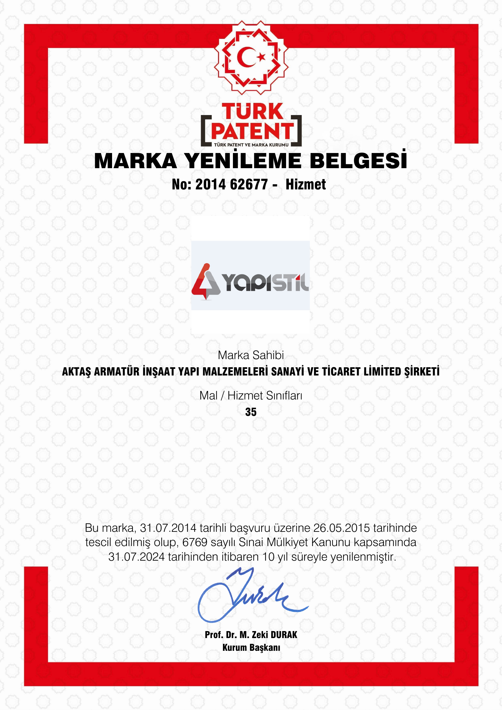 YAPISTIL Tescil Belgesi